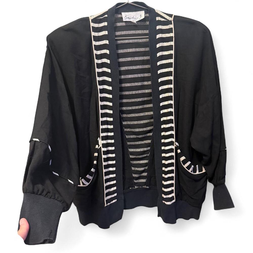 Vintage 90s Kristin J Black White Striped Linen Rayon Silk Open Jacket Oversized
